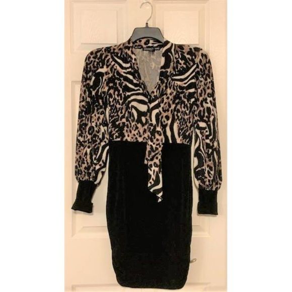 Vintage Julian Chang Multi Animal Print V Neck Long Sleeve Tunic Dress - Picture 3 of 6